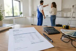 Homeowner and contractor reviewing a detailed work estimate at a table with paperwork, calculator, and renovation samples in a naturally lit kitchen.