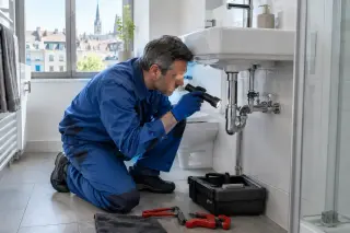 Professional plumber in a clean bathroom, examining pipes under a sink with a flashlight and showing a careful, competent attitude.